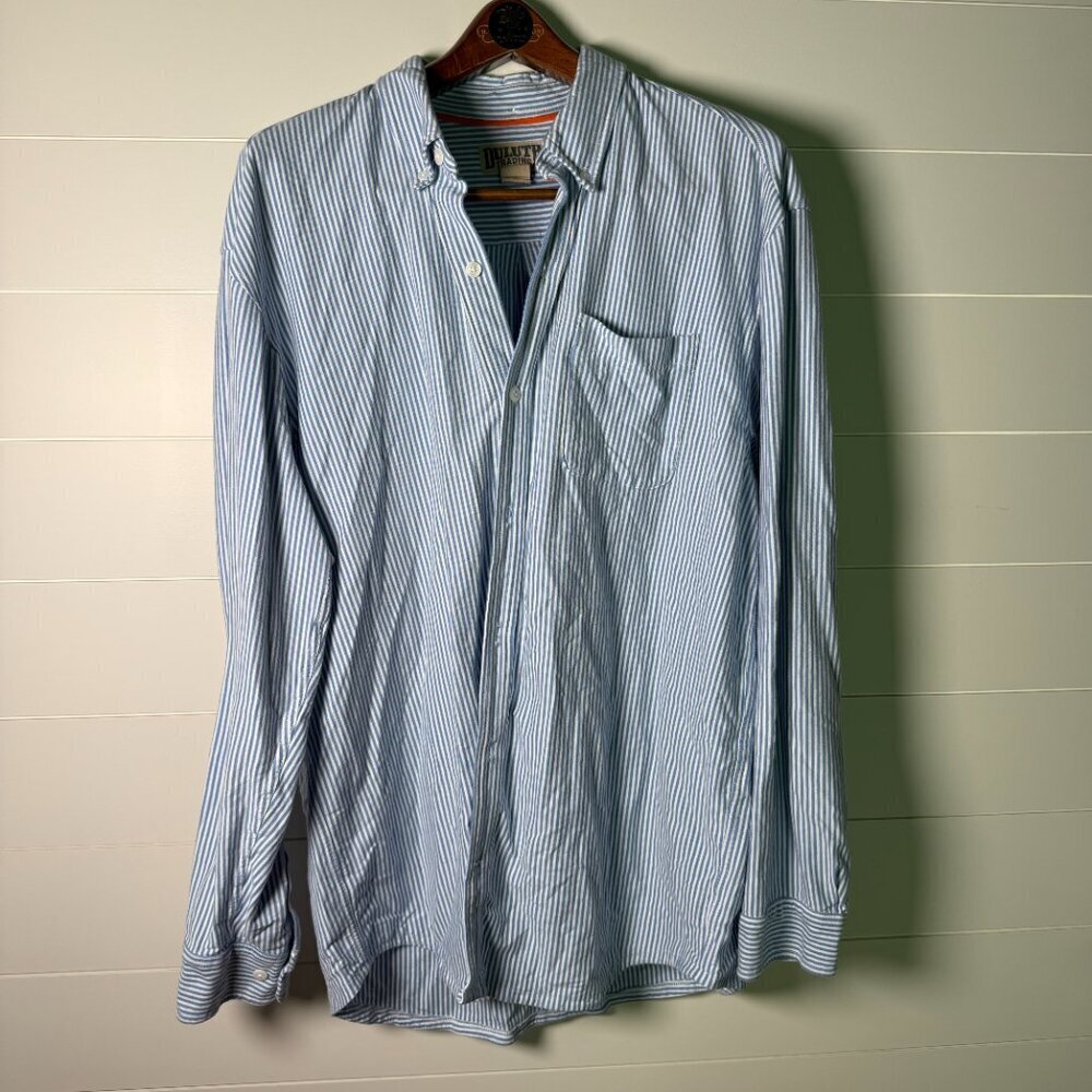 Duluth Trading Shirt Mens Size XL Blue Striped Long Sleeve Relaxed Fit Button Up